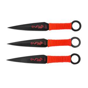 Joker JKR521 dobókések szett 3 db, fekete pengék piros sárkány mintával, narancssárga nylon markolattal - Vadászat