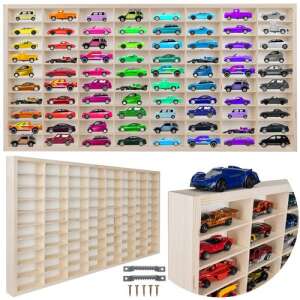 Kruzzel 80-compartment wooden storage shelf for toy cars, wall-mounted display case - Living Room Furniture
