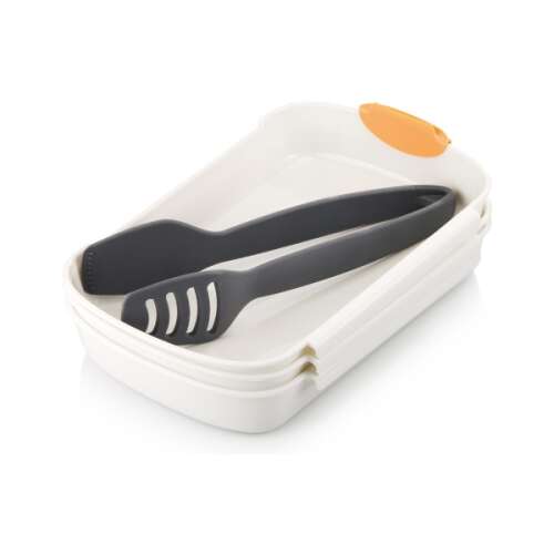 PRESTO breading set with 3 trays and tongs, white with orange accents