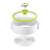 TESCOMA DELLA CASA preserving set with thermometer, disassembled view showing the stainless steel pot, white insert with silicone feet, glass lid with green silicone rim, and thermometer
