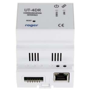Roger UT-4DR Kommunikationsschnittstelle, Vorderansicht, mit Ethernet-Port, Reset-Taste, Status- und Link-LEDs sowie CE-Kennzeichnung - Zugangskontrollsysteme
