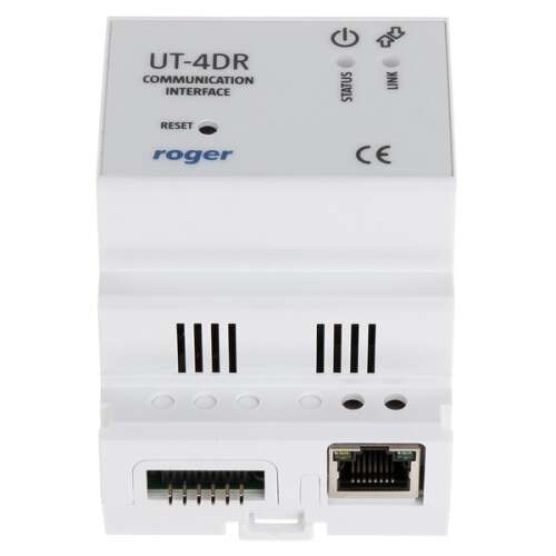 Roger UT-4DR Kommunikationsschnittstelle, Vorderansicht, mit Ethernet-Port, Reset-Taste, Status- und Link-LEDs sowie CE-Kennzeichnung