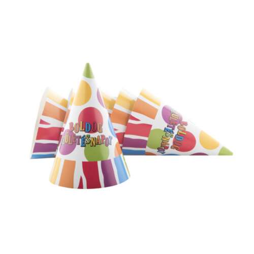 6 db színes, csíkos és pöttyös Boldog Születésnapot feliratú parti sapka