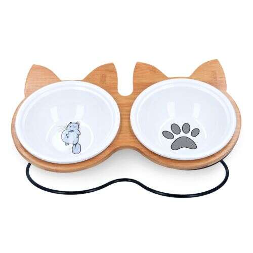 Navaris cat shaped elevated double bowl for cats and dogs, bamboo stand with ceramic bowls, cat and paw print design