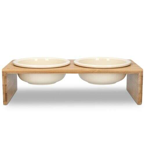 Navaris 2-piece elevated pet bowl set with bamboo stand, white ceramic bowls