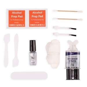Alloy wheel repair kit contents, including adhesive, silver paint, gloves, grinder, cloth, spatulas, brushes, and cotton balls - Car Care Tool