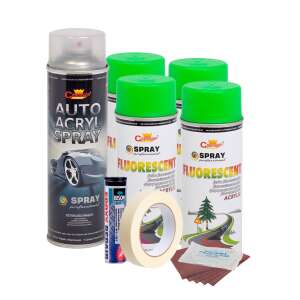Complete kit for repairing and painting fluorescent green V4 rims, includes 4 cans of fluorescent green spray paint, 1 can of clear coat, 1 filler for alloy wheels, sanding pads, masking tape, gloves, and instructions - EALMEU