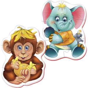 Roter Kafer RK1101-03 Puzzle pentru bebeluși cu maimuță și elefant, puzzle cu 2 piese pentru bebeluși - Puzzle 3D & Puzzle cu burete