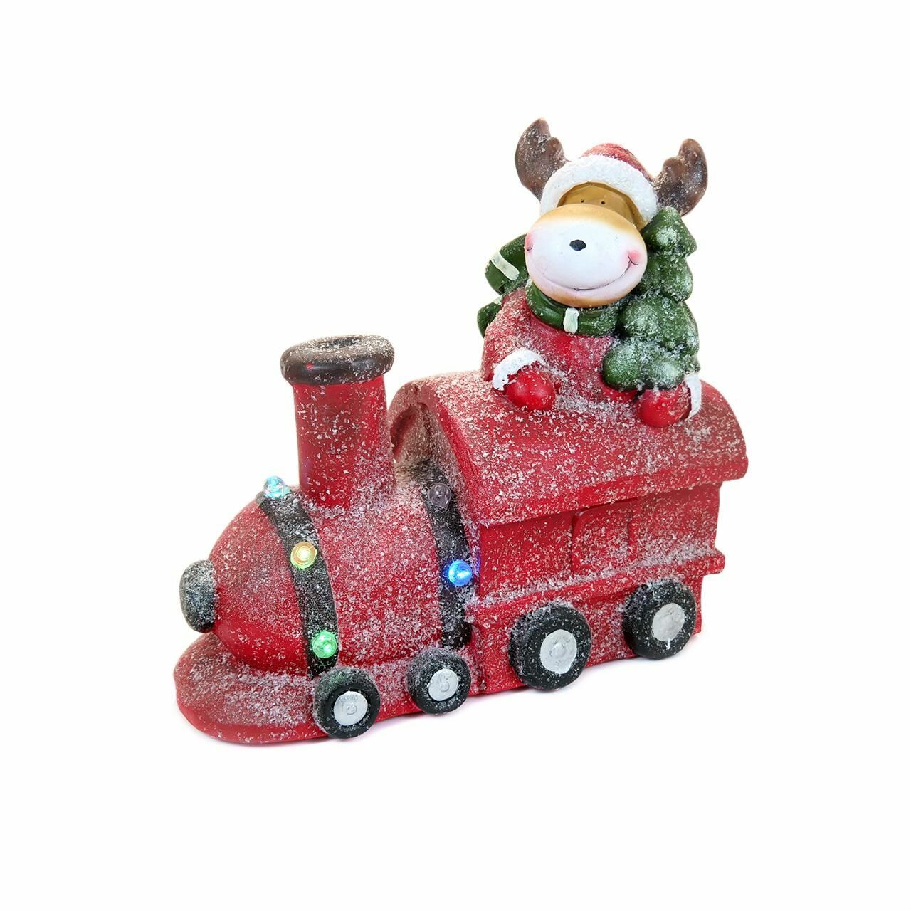 Ceramic Reindeer and Pine Tree Train Christmas Decoration, Red, LED, 38 cm