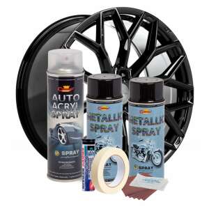 Black metallic rim repair and paint kit, includes spray paint, clear coat, filler, sandpaper, gloves, and masking tape - EALMEU