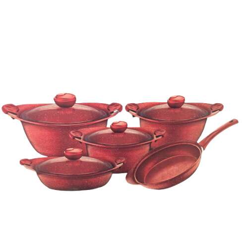 OMS-Granite 9 darabos piros főzőedény készlet, edényekkel, serpenyőkkel és fedőkkel 