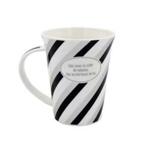 Striped porcelain mug with Romanian text: 'Unii spun ca sufar de nebunie. Dar eu ma bucur de ea.' - Serving