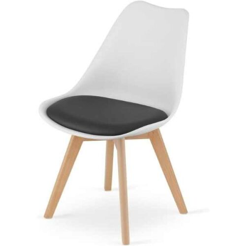 Modern white dining chair with black cushion and wooden legs