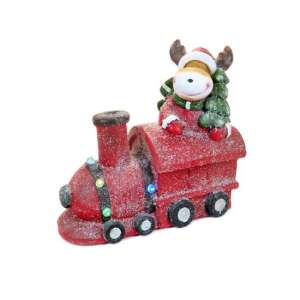 Red ceramic Christmas train with a reindeer on top, LED lights, 38 cm - Chomik
