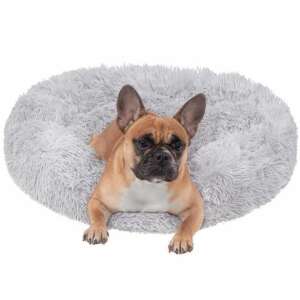 French bulldog dog lying in the grey donut-shaped dog and cat bed - Pet Care