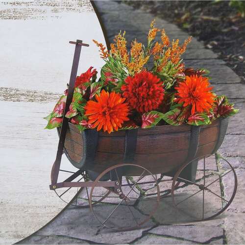 Strend Pro Barrel Planter on Wheels, 41.5x29x19 cm, brown, with flowers