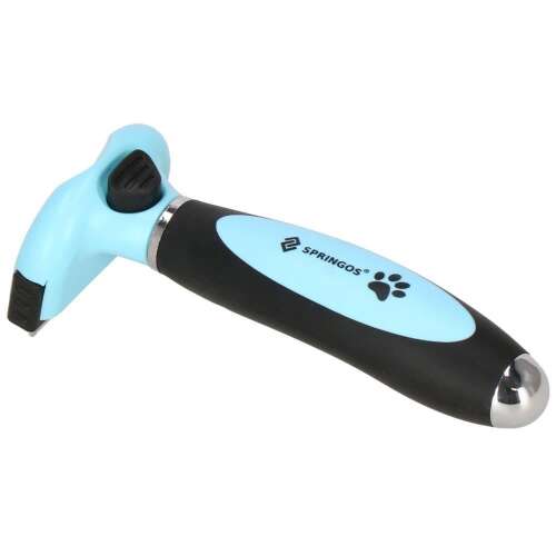 Springos self-cleaning pet brush for dogs and cats, blue and black, 5 cm, angled view