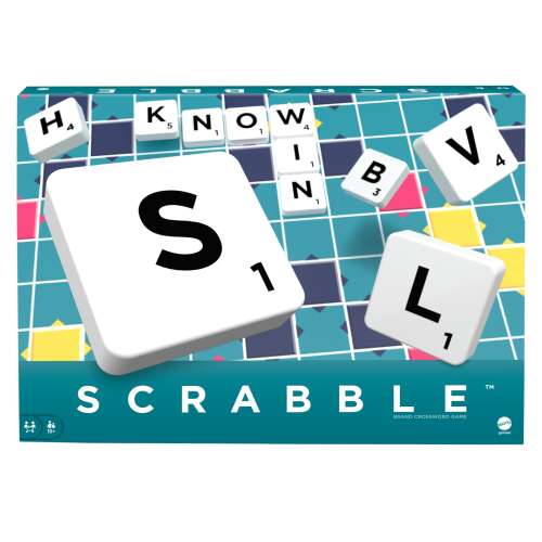 Scrabble társasjáték doboz, a játék nevével és a csempék közeli képével