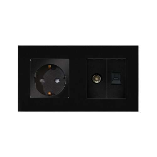 LUXION Schuko dugalj konnektor TV és internet csatlakozóval, fekete üvegkerettel, elülső nézet