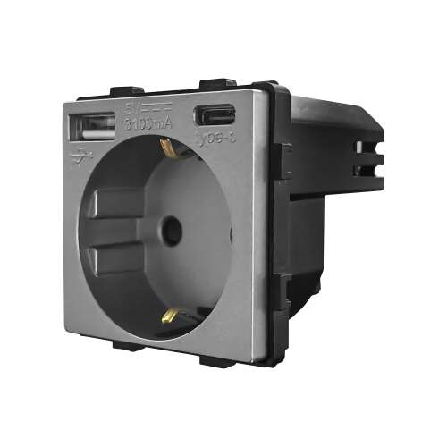 LUXION Konnektor Aljzatmodul + USB-A + USB-C, ezüst színű, két USB porttal és egy elektromos aljzattal