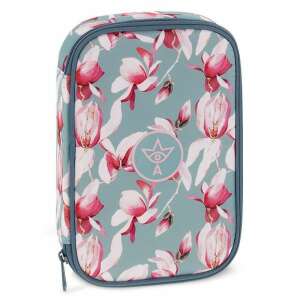 Ars Una Rosy Magnolia virágos tolltartó, zöld és rózsaszín mintával, többszintes, cipzáros, lányoknak - Ars Una