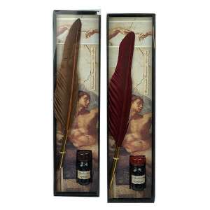 Rubinato mártogatos toll tintával, Michelangelo design csomagolásban, barna és piros tollal, ajándék készlet - Rubinato