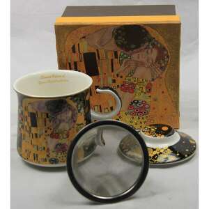 Klimt A csók porcelán bögre fémszűrővel és tetővel, 300 ml, fekete hátterű - Klimt