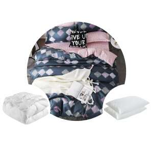 Nyomott mikroszálas ágynemű szett paplanhuzattal, feszes lepedővel és párnahuzatokkal, fehér paplan és párnák - Ágynemű - ifjúsági és felnőtt