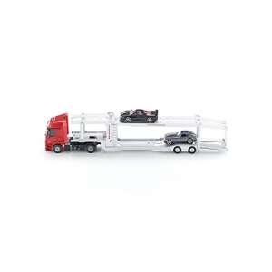 Siku Mercedes-Benz car transporter, 1:50 scale, red truck with silver trailer, two cars on the trailer - Siku