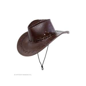Barna színű cowboy kalap, varratokkal díszítve, műbőr