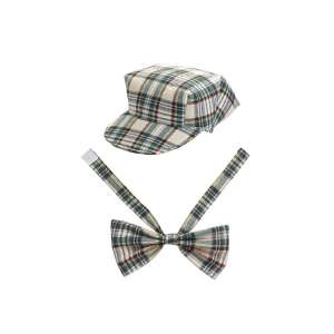 Bézs színű skótkockás csokornyakkendő és hozzá illő sapka, felnőtt jelmezkiegészítő szett - Widmann