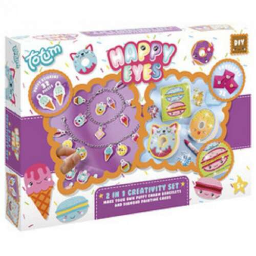 Totum Happy Eyes 2 in 1 Creativity Set: Make your own puff charm bracelets and design painting cards, featuring colorful ice cream, donut, and macaron charms