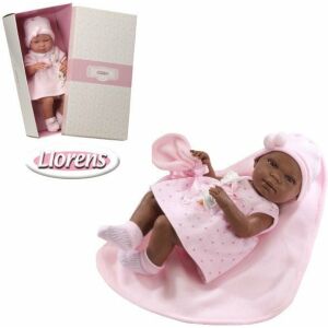 Lloren's Mini-baba doll, 38cm, brown skin, pink polka dot dress, with pacifier and box - LLorens