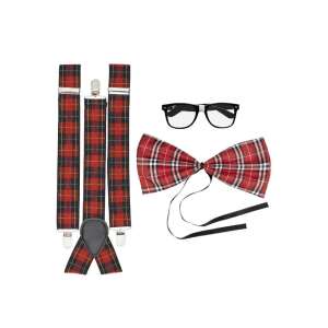 Piros és fekete kockás nadrágtartó, csokornyakkendő és fekete műanyag keretes szemüveg. Nerd jelmez kiegészítő szett. - Widmann