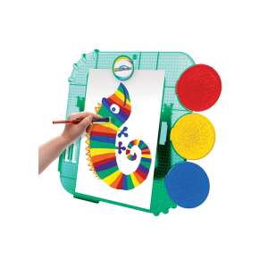 PAINT-sation Table Top Easel, green easel with paint pads and brushes, child's hand painting a chameleon - Creative Toy