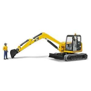 Excavator Bruder CAT cu figurină de muncitor, vehicul de construcție galben - Mașină de lucru pentru copii