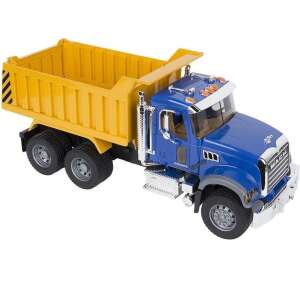Jucărie Bruder MACK basculantă, albastră și galbenă, vedere laterală - Mașină de lucru pentru copii