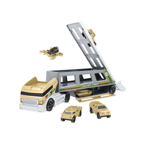 Játék Autószállító zestaw pojazdów wojskowych z ciężarówką, czołgiem, samolotem i jeepami