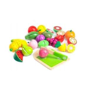 Ecotoys drveni set za igru s voćem i povrćem, s nožem i daskom za rezanje - Ecotoys