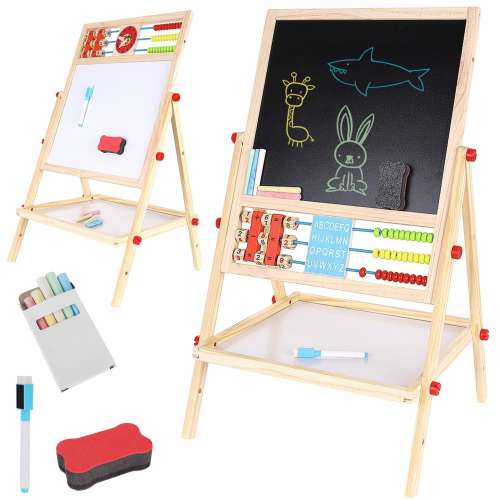 6 az 1-ben fa kétoldalas tábla, krétatábla, fehér tábla, számoló, óra és tároló polccal