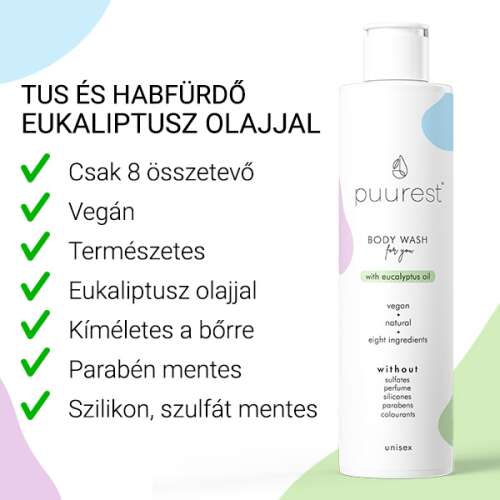 Puurest Tusfürdő Eukaliptusz Olajjal, vegán, természetes, 8 összetevő, szulfát, parfüm, szilikon, parabén és színezék mentes, unisex - Tusfürdő