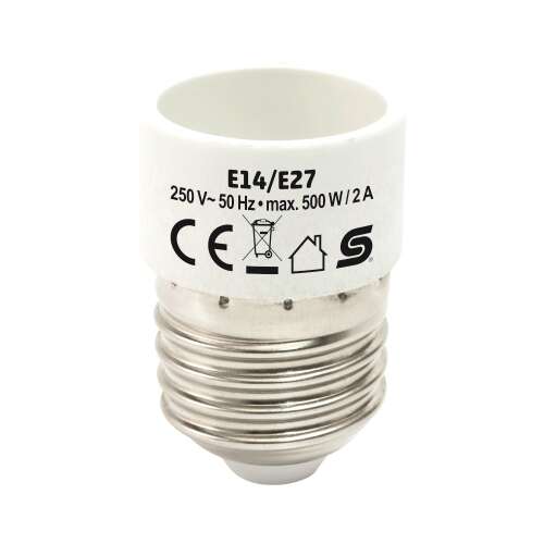 E14-ről E27-re adapter, fehér kerámia, 250V, 50Hz, max 500W, 2A