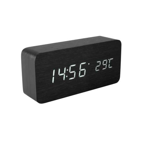 Black wooden digital alarm clock with LED display showing time, date and temperature