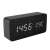 Black wooden digital alarm clock with LED display showing time, date and temperature