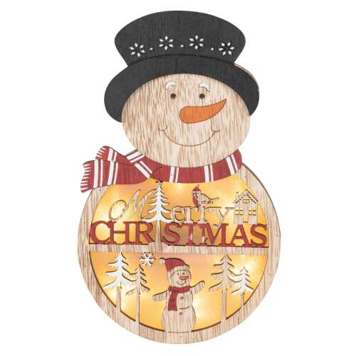 Fa hóember karácsonyi dísz LED világítással, Merry Christmas felirattal, lézervágott, KLW 21 S