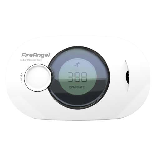 FireAngel Carbon Monoxide Alarm, white, with LCD display, showing 'EVACUATE!' message