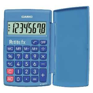 Calculator Casio LC-401LV Petite fx albastru, cu 8 cifre, memorie, rădăcină pătrată, plus/minus, alimentat cu baterii și solar - Papetărie