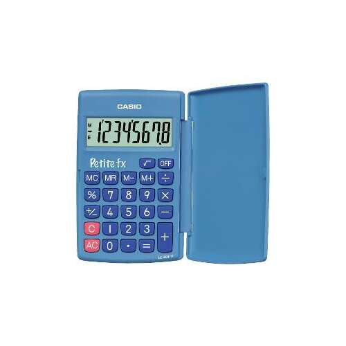 Casio LC-401LV Petite fx kék színű zsebszámológép 8 számjegyű, memóriával, gyökvonással, plusz/mínusz funkcióval, elemmel és napelemmel