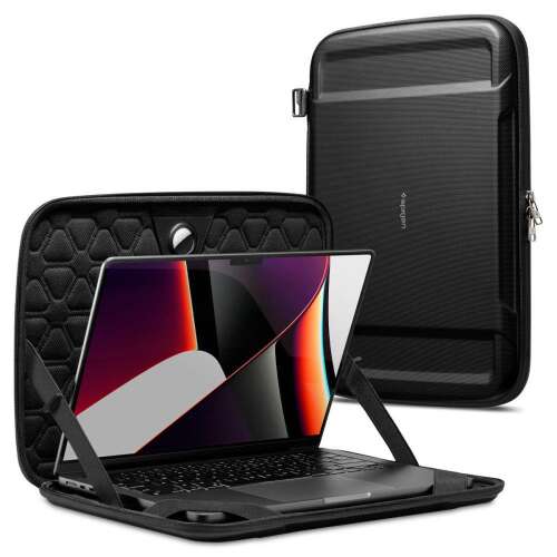 Spigen Rugged Armor Pouch Pro laptop tok 13-14 hüvelykes laptopokhoz, fekete, védő, tartós, Airtag tartóval