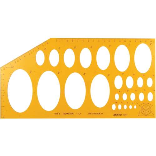 Aristo GEO5017 ellipszis sablon, 25 ellipszis az izometrikus tengely 4-65 mm, tengelyirányú arány: 1: 1,7 (35 ° 16 „) a DIN 5. Műanyag 295x150mm-es. 1,2 mm-es anyagvastagságú átlátszó narancs ellipszis sablon. - Aristo